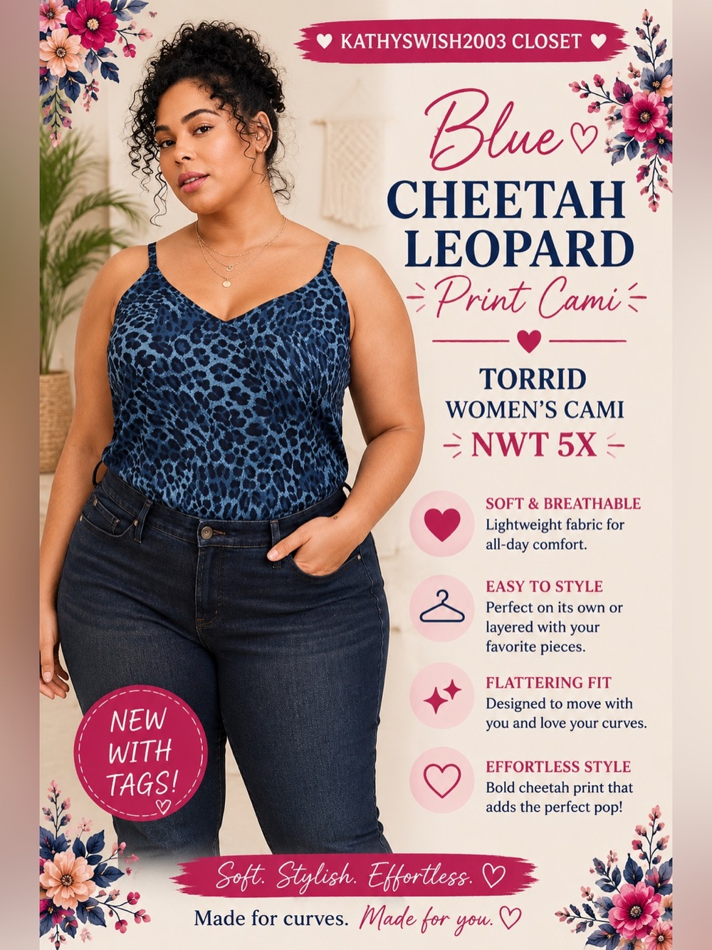 Blue Cheetah Leopard Print Women's Cami NWT 5X